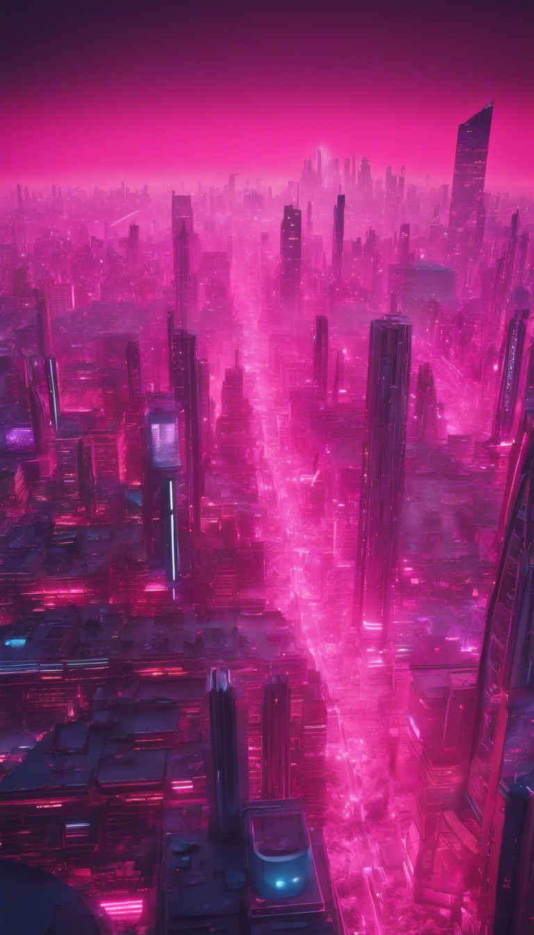 A vibrant neon pink city skyline during dusk in a futuristic world. Wallpaper[39afa95a31db4bfcb0af]