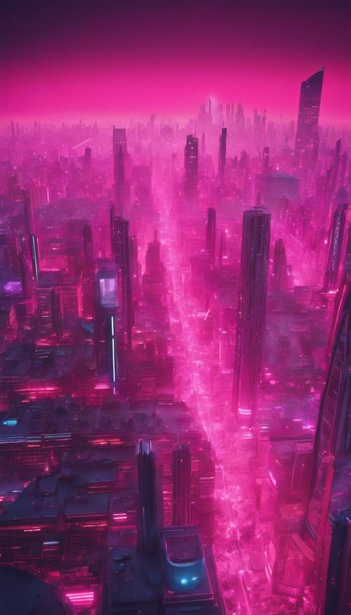 Um vibrante horizonte de cidade rosa neon durante o anoitecer em um mundo futurista.