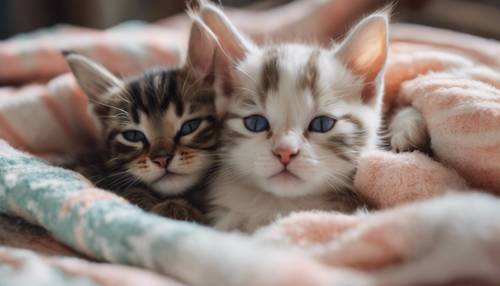 Dwa kociaki śpiące obok siebie na wygodnym kocyku w pastelowe paski.