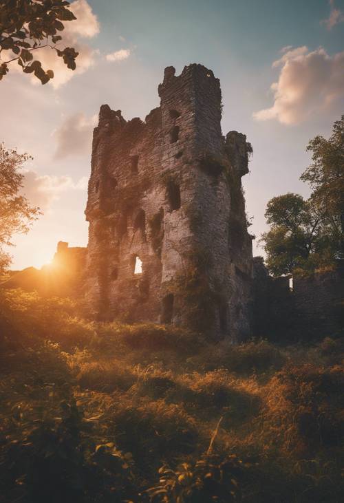 Spektakularny wschód słońca rzucający eteryczny blask na rozpadające się ruiny zamku. Tapeta [50e274e121934fdfb86e]
