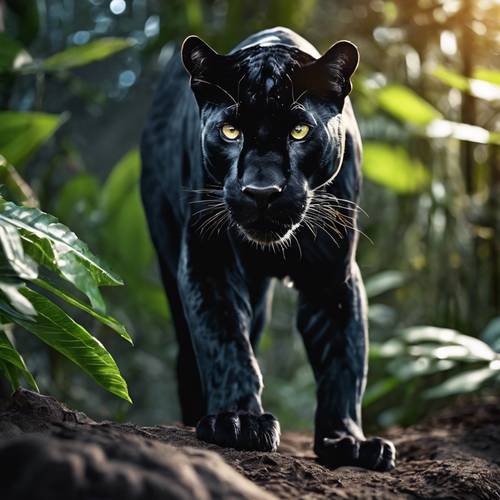 Czarna pantera o srebrnych oczach grasująca w oświetlonej księżycem dżungli.