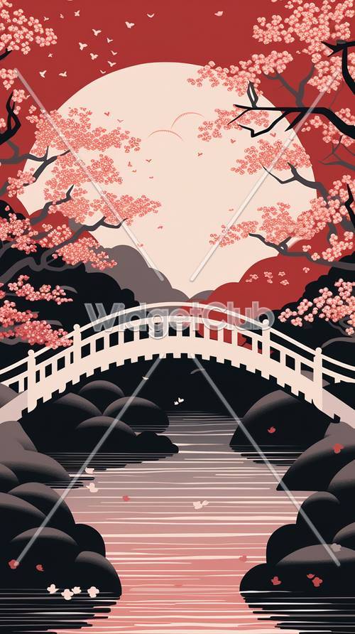 Escena del puente de los cerezos en flor