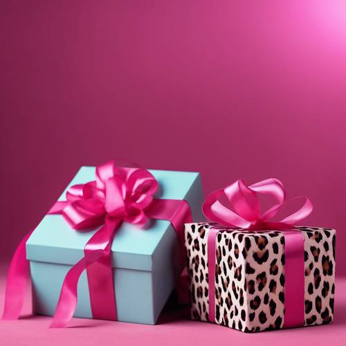 禮品盒周圍繫著亮粉色豹紋絲帶。