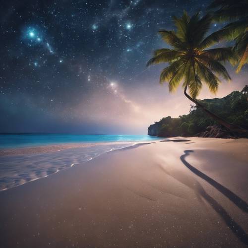 Estrellas brillantes incrustadas en el cielo nocturno sobre una tranquila playa tropical.