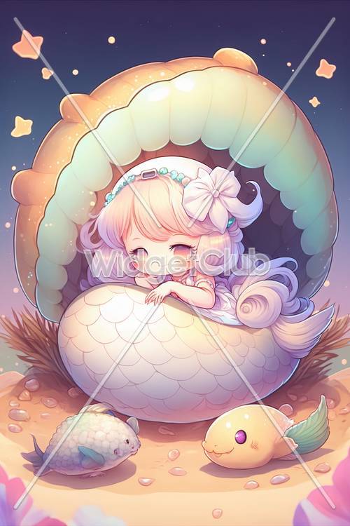 Милая девочка-русалка, устроившаяся в раковине моллюска