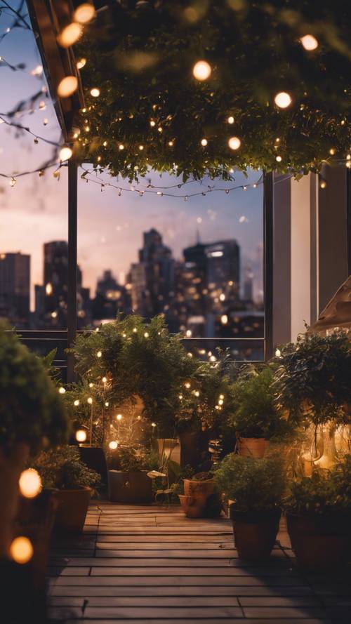 A serene rooftop garden retreat in the heart of a bustling city illuminated with fairy lights during twilight.