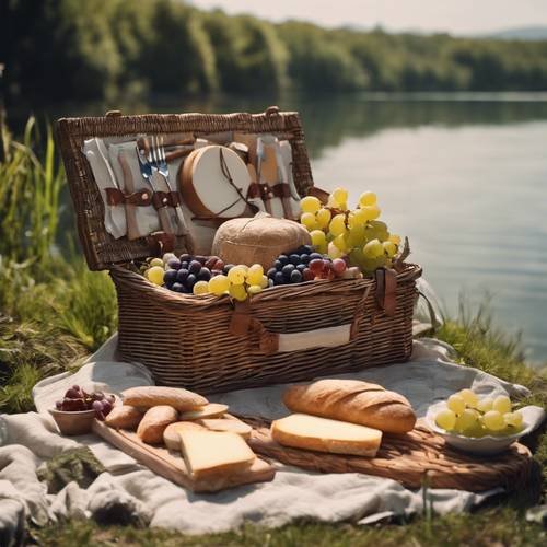 Um cenário campestre no estilo cottagecore com uma cesta de piquenique cheia de baguetes, uvas e queijo, perto de um lago calmo.