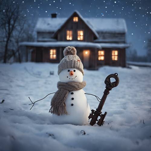 An enchanting country snowman with a rusty key, standing guard by a desolate wooden farmhouse under the starry winter sky.