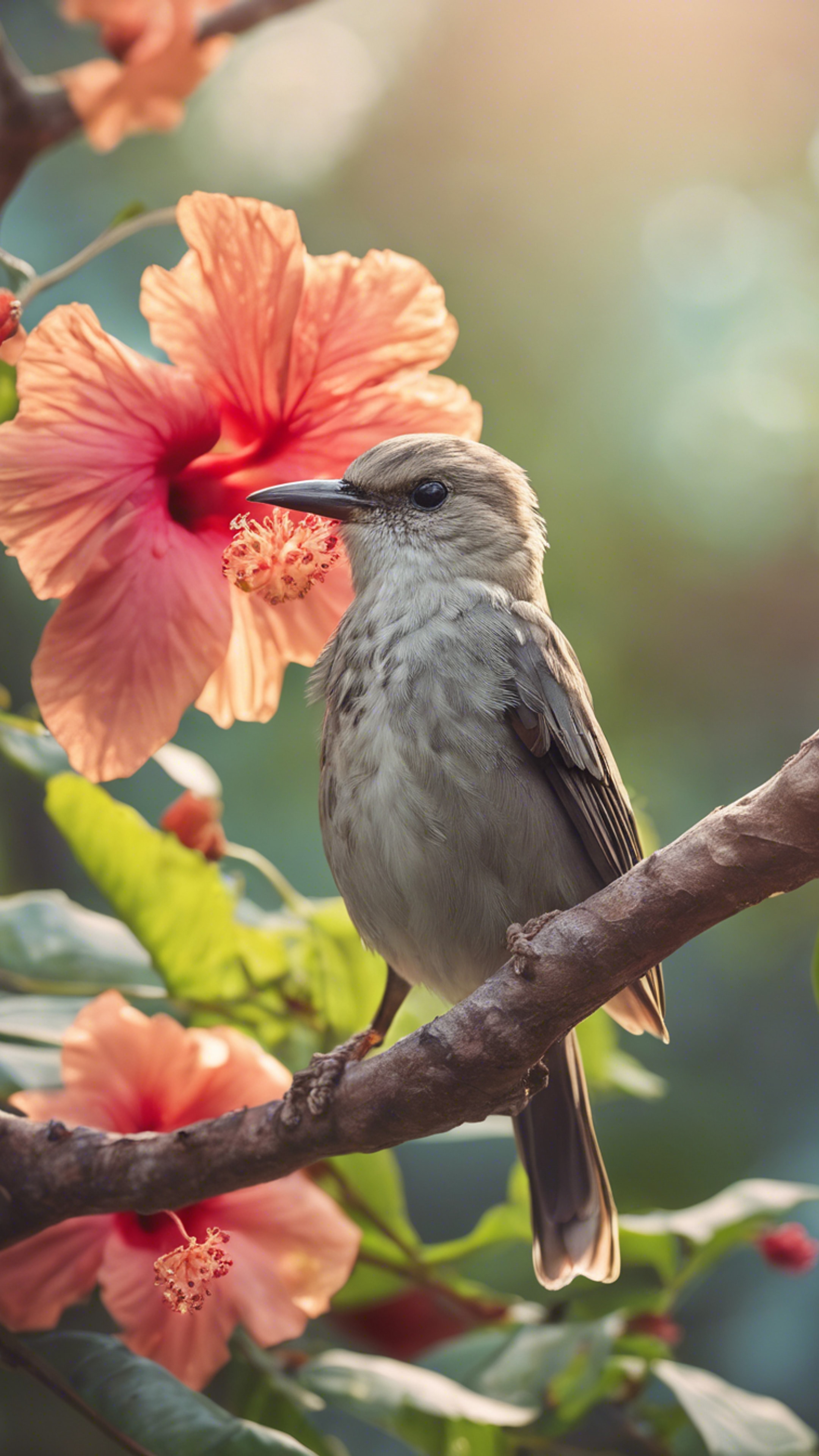 A songbird perched on a branch of a tree adorned with tropical hibiscus blossoms.壁紙[d857d98d1bc842ecae7c]