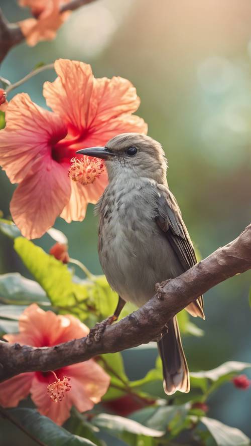 A songbird perched on a branch of a tree adorned with tropical hibiscus blossoms.