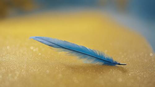 一根孤独的蓝色羽毛在鲜明的亮黄色背景上轻轻飘落。