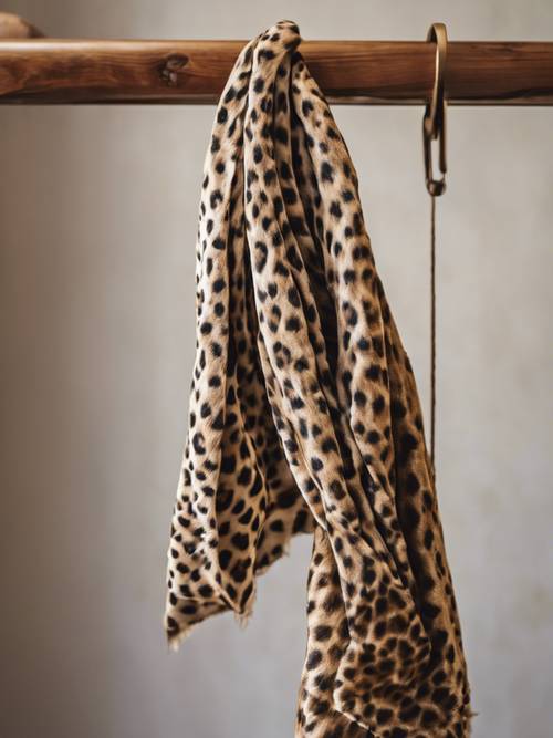 Una lussuosa sciarpa con stampa ghepardo drappeggiata su una gruccia in legno.