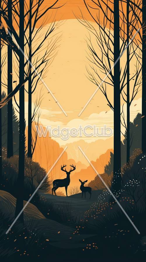 Sunset in the Forest with Deer