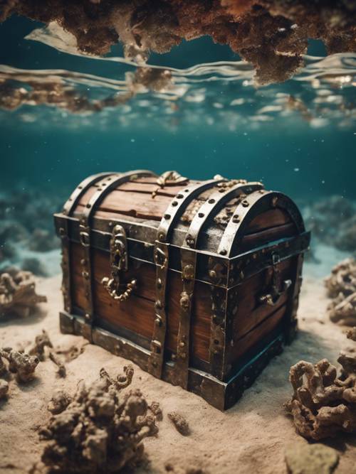 صندوق قرصان قديم، محاصر تحت البحر بين حطام سفينة غارقة.