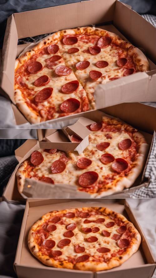 Pizza pepperoni ukuran keluarga dengan keju ekstra, dimasukkan ke dalam kotak yang siap diantar, di bawah malam menonton film di rumah yang nyaman.