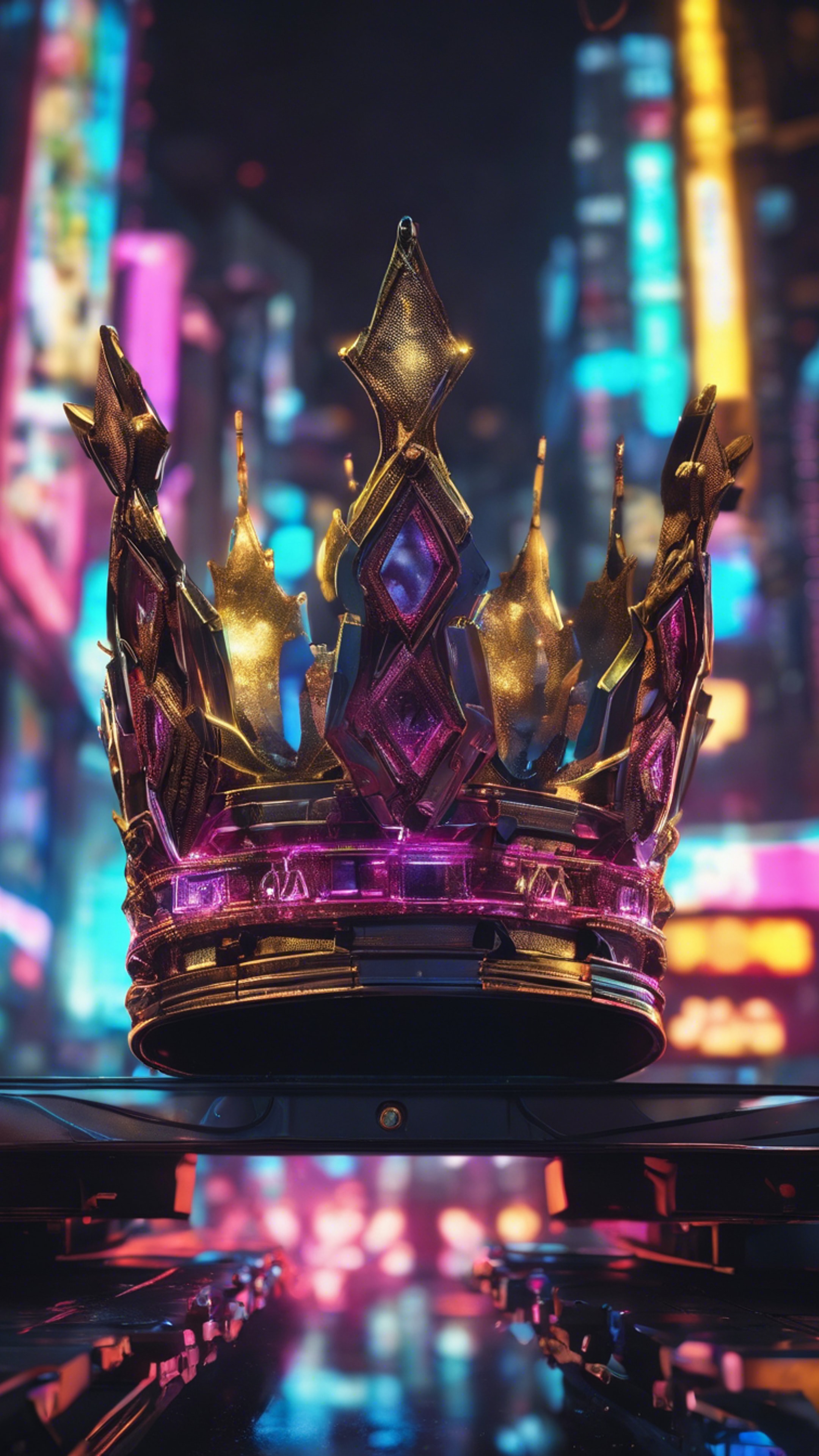 A digital crown design with neon lights against a dark cyberpunk cityscape. Hintergrund[835c9044d42248569b66]