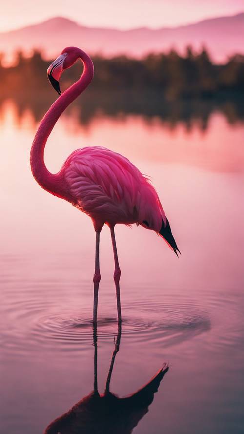 Parıldayan bir gölün yanında sakin bir şekilde duran neon pembe bir flamingo.