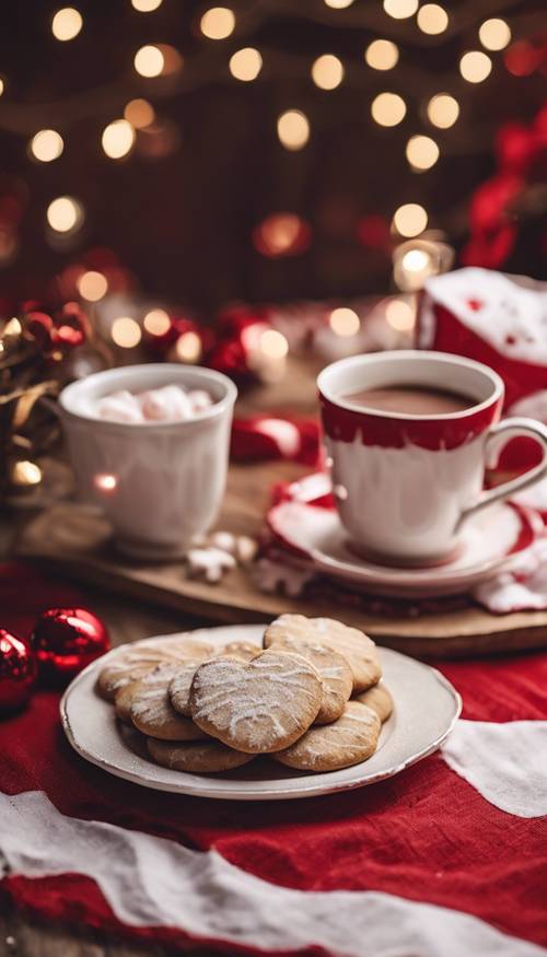 Une nappe festive rouge et blanche posée sur une table rustique, avec une assiette de biscuits faits maison en forme de cœur et deux tasses de chocolat chaud.