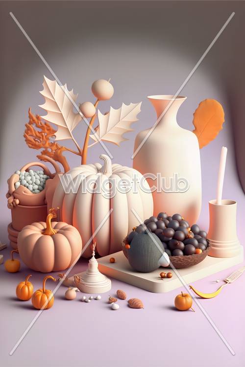 Autumn Harvest Display with Pumpkins and Leaves
