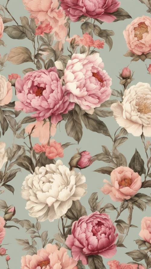 Một họa tiết hoa chintz cổ điển với hoa hồng và hoa mẫu đơn trên nền pastel mềm mại.