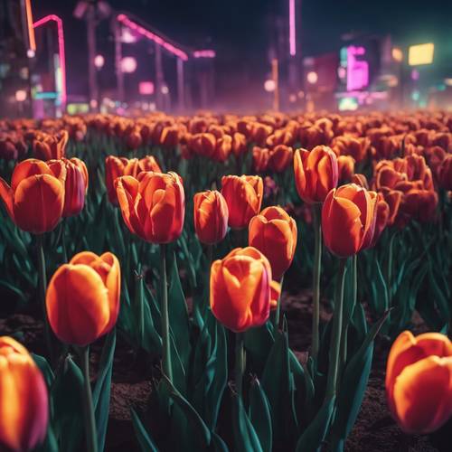 Một khung cảnh siêu thực của những bông hoa tulip neon rực rỡ dưới bầu trời đầy ánh trăng.