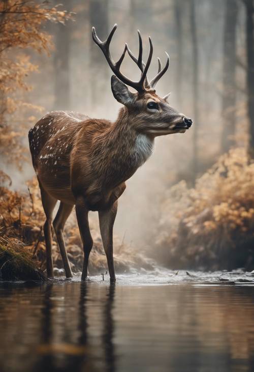 A deer looking up from drinking in a misty forest stream, with clouds of white smoke billowing softly.