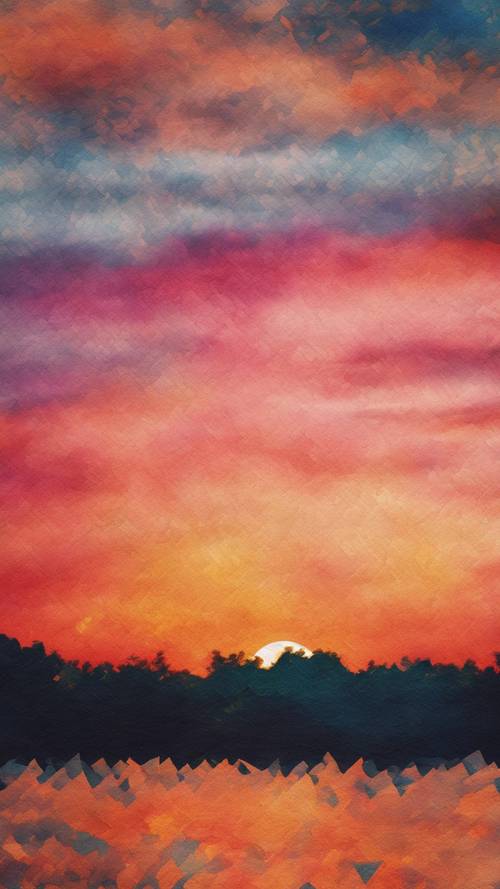 A watercolor style image of linen fabric pieces against a vibrant sunset.