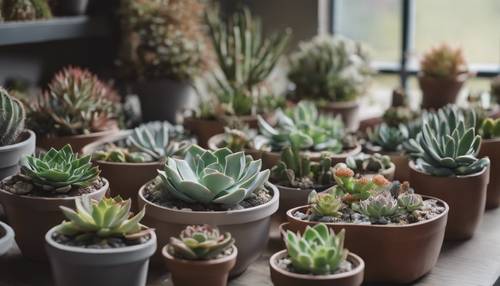 A tranquil scene of an abundance of succulent plants, each in subtly decorated pots amidst cool neutral backdrops. Tapeta [bf7f2cc31bc14e5fb451]