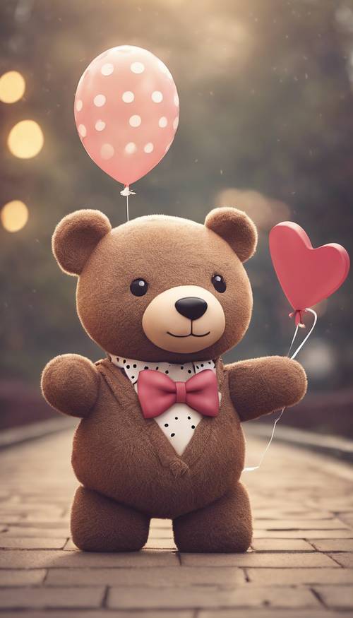 Seekor beruang kawaii mengenakan dasi kupu-kupu polkadot dan tersenyum lebar sambil memegang balon berbentuk hati.