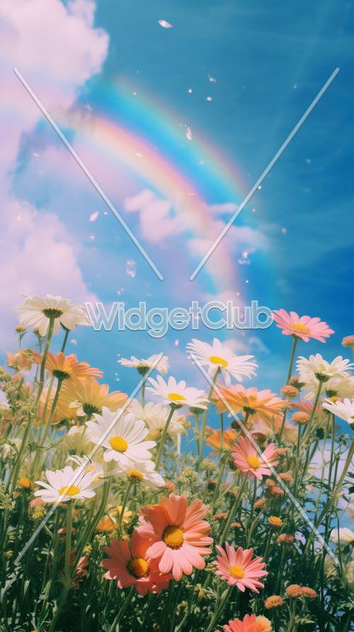 Fondo de cielo arcoíris y campo de flores