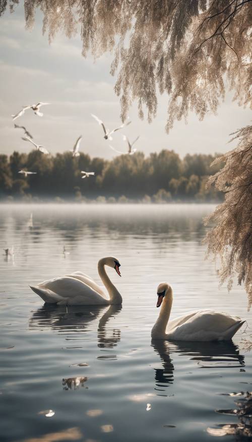 A placid lake with swans leisurely gliding on its surface. Tapeta [366c09fa495c4a1cb7bb]
