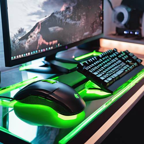إعداد ألعاب الكمبيوتر مع لوحة مفاتيح وماوس بإضاءة خلفية باللون الأخضر النيون على مكتب زجاجي حديث ونظيف.