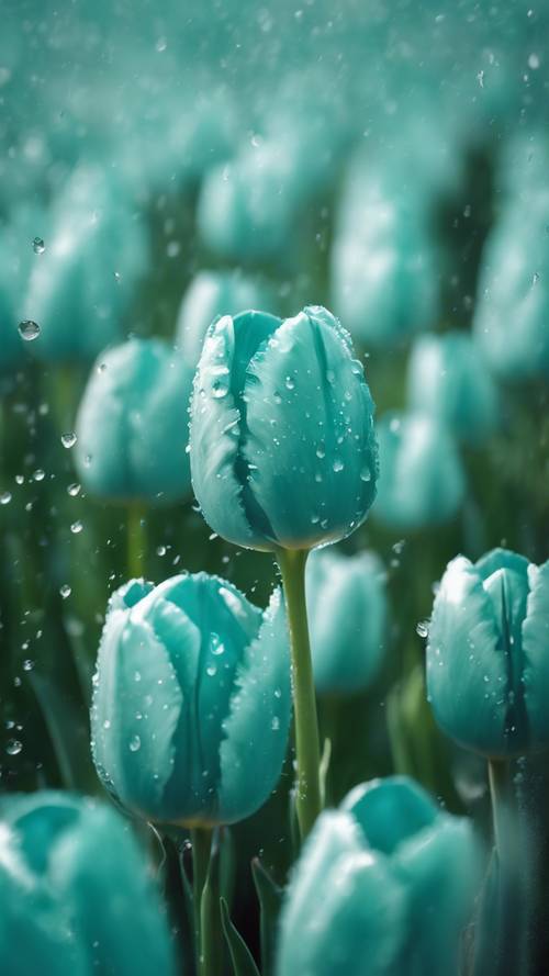 Un campo de esponjosos tulipanes verde azulado visto a través de una suave lluvia primaveral.