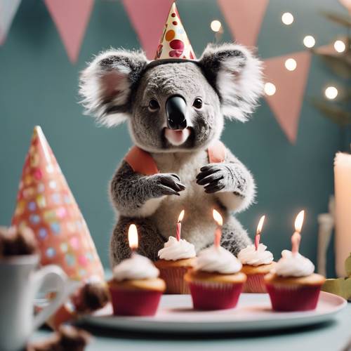 Um coala usando um chapéu de aniversário e soprando velas em um cupcake.