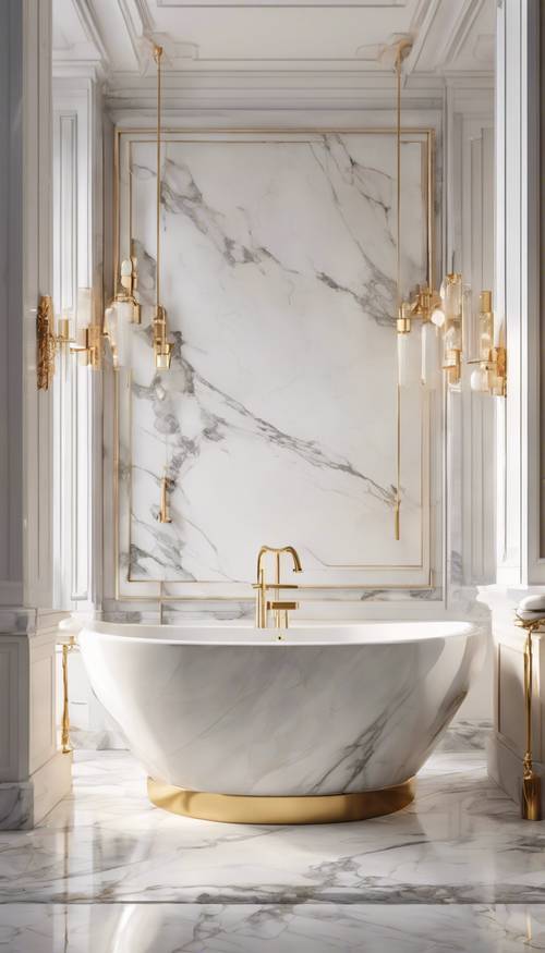 Kamar mandi marmer putih yang mewah dengan perlengkapan emas dan bak mandi besar yang berdiri sendiri.
