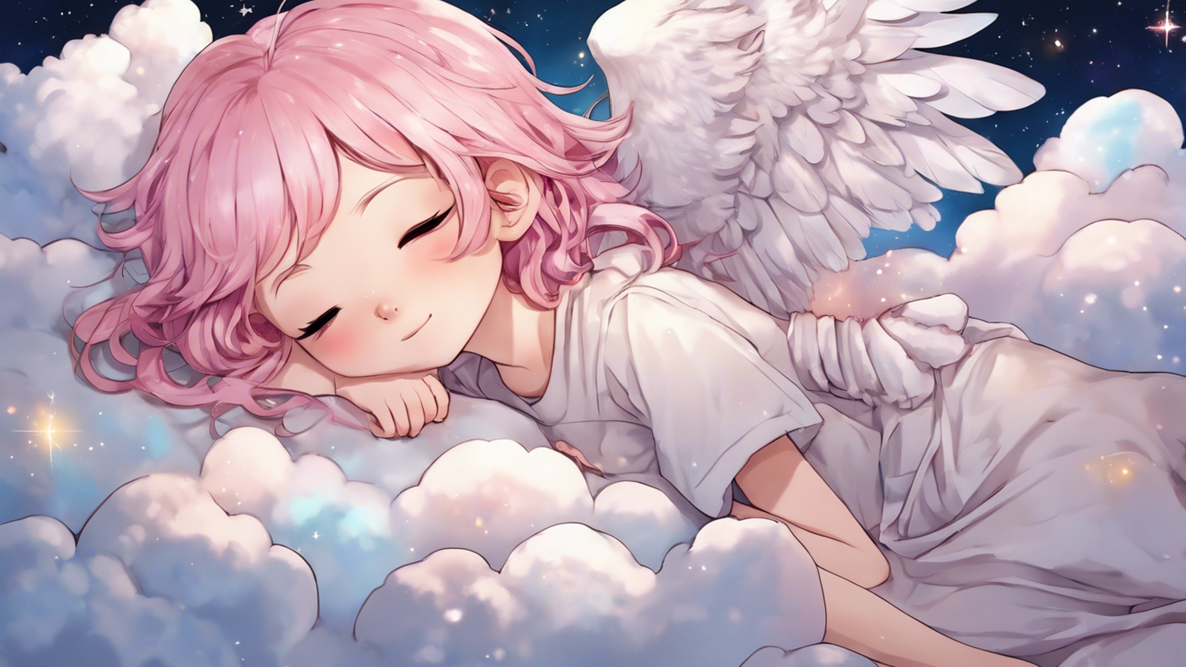 A chibi-style anime girl with pastel pink hair and angel wings, sleeping peacefully on a fluffy cloud under a starry night sky. Sfondo[4a6f35b80bd74bd2872d]