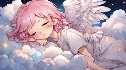 A chibi-style anime girl with pastel pink hair and angel wings, sleeping peacefully on a fluffy cloud under a starry night sky. Behang [4a6f35b80bd74bd2872d]