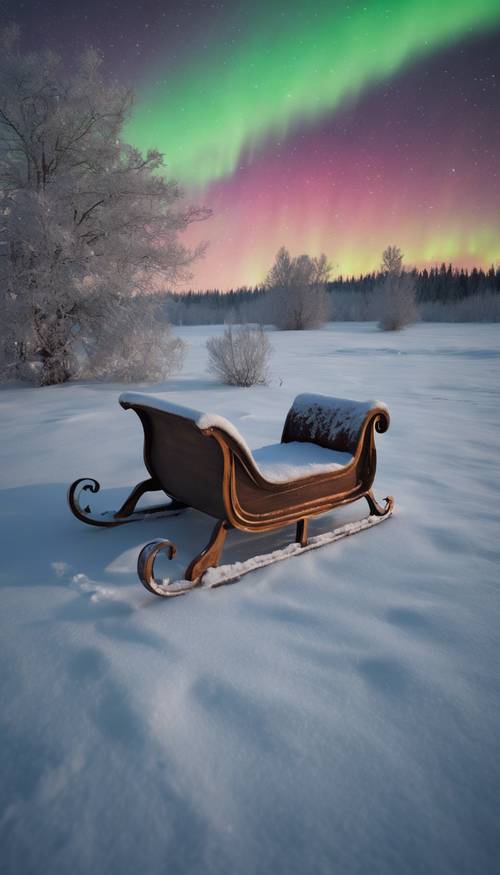 Un viejo trineo de madera abandonado en un campo cubierto de nieve bajo un cielo lleno de auroras boreales, una imagen navideña fantasmal.