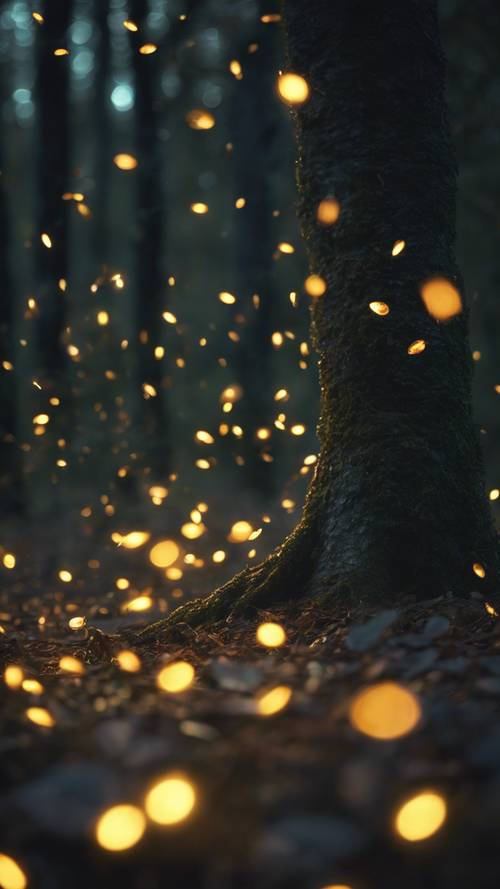 Swarm of fireflies illuminating the dark forest at twilight. Tapeta [99818c4306d847d4866e]