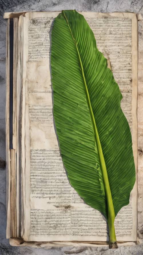A banana leaf pressed into a thick tome, ready for a botanical exhibit.