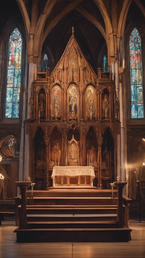 Detalhe de um lindo altar de madeira antigo dentro de uma catedral, iluminado por fluxos de luz dos vitrais.