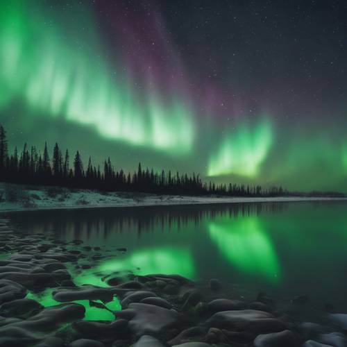 Une scène surréaliste d&#39;aurores boréales dansantes projetant une lueur verte magique dans le ciel nocturne.