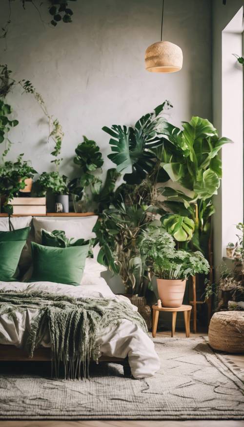 Kamar tidur Boho chic yang trendi dihiasi dengan banyak tanaman hijau dalam ruangan.