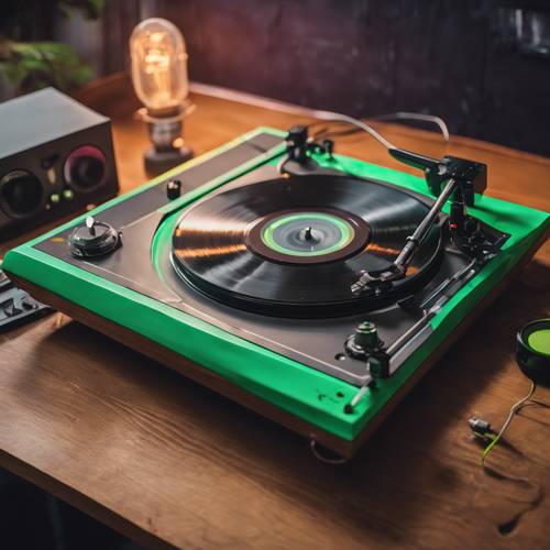 Um toca-discos dos anos 1980, em verde neon, sobre uma mesa de madeira tocando discos de vinil antigos.