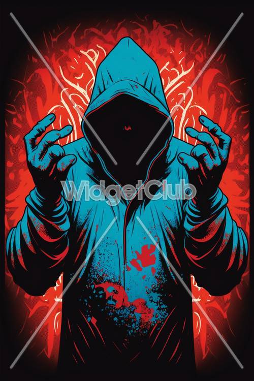 Mysterious Hooded Figure in Red and Blue Art
