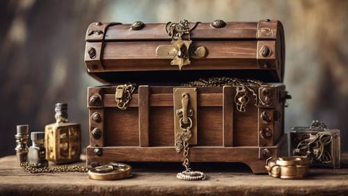 Wooden vintage chest with aged trinkets and jewelry inside.