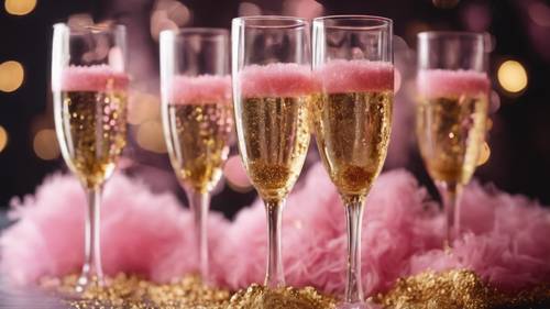 Flute da champagne riempiti di bollicine rosa e bordati di zucchero dorato per un brindisi.