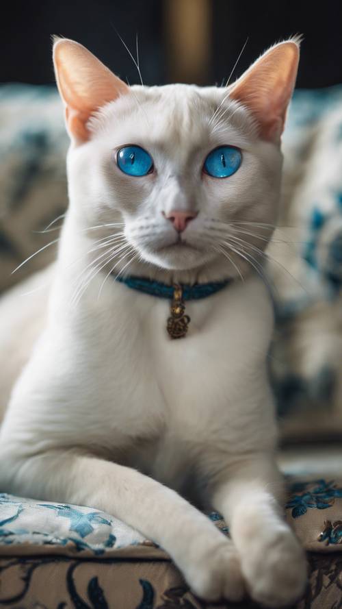 Un chat siamois blanc royal assis sur un coussin de velours, posé et majestueux, exhibant ses yeux bleus saisissants et ses traits pointus
