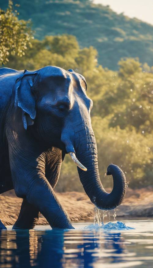 Un elefante blu reale che fa il bagno nelle increspate acque azzurre di un fiume sotto il sole pomeridiano.
