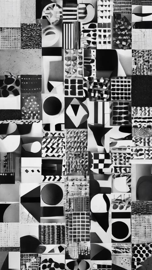 An abstract collage made of various black and white geometric shapes, creating a striking optical illusion.